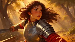 Mladá žena v brnění se mečem v lese, připravená k boji, fantasy prostředí